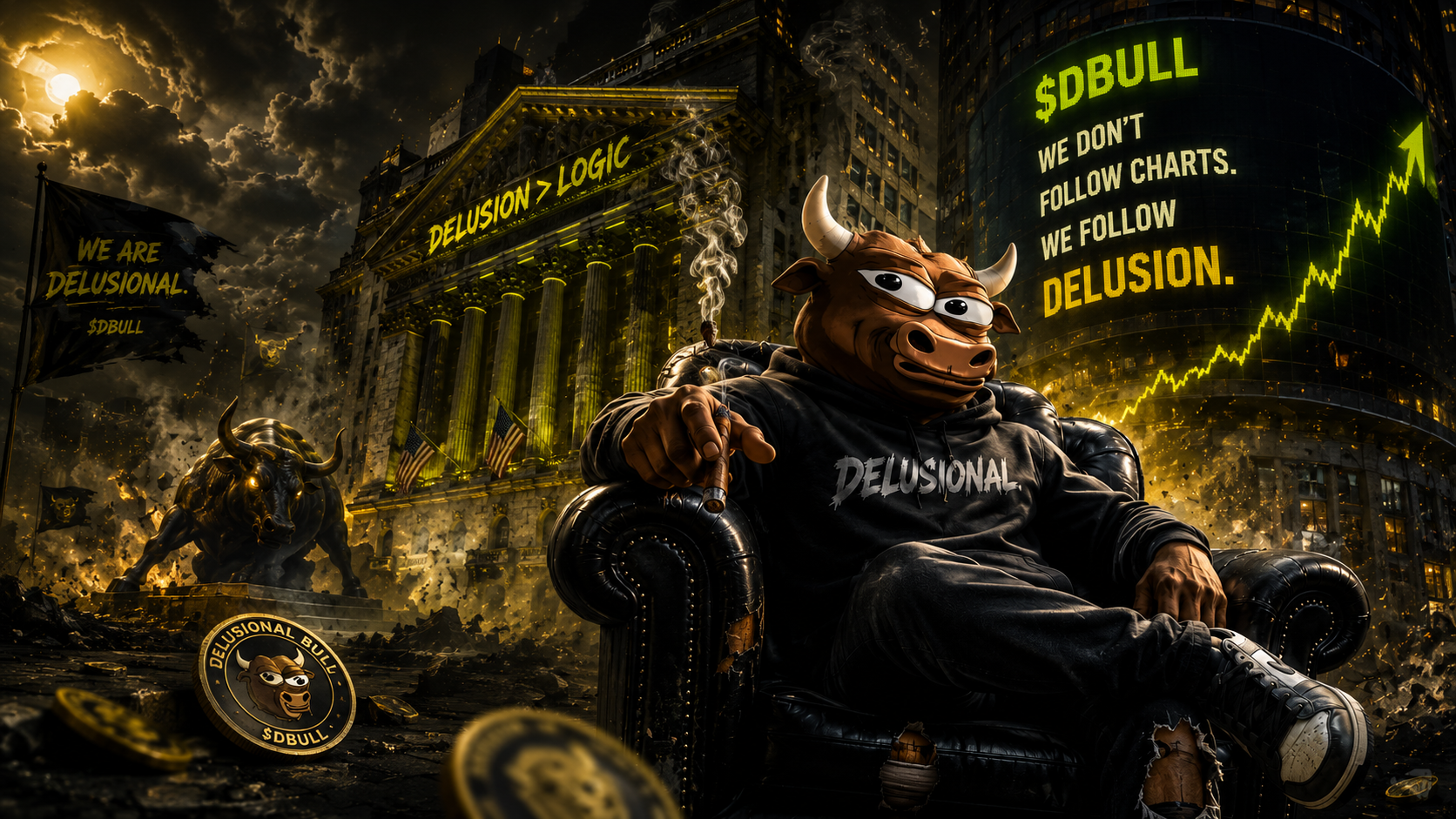 Delusional Bull $DBULL — a bull in a hoodie smoking a cigar in a leather armchair in front of a stock exchange