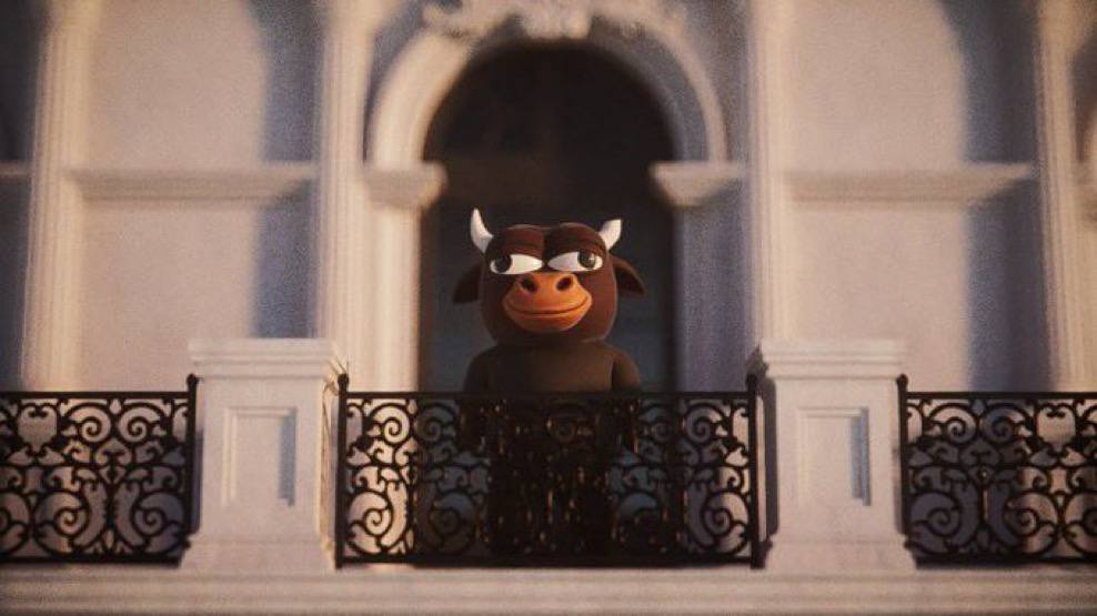 Delusional Bull looking out from a grand balcony