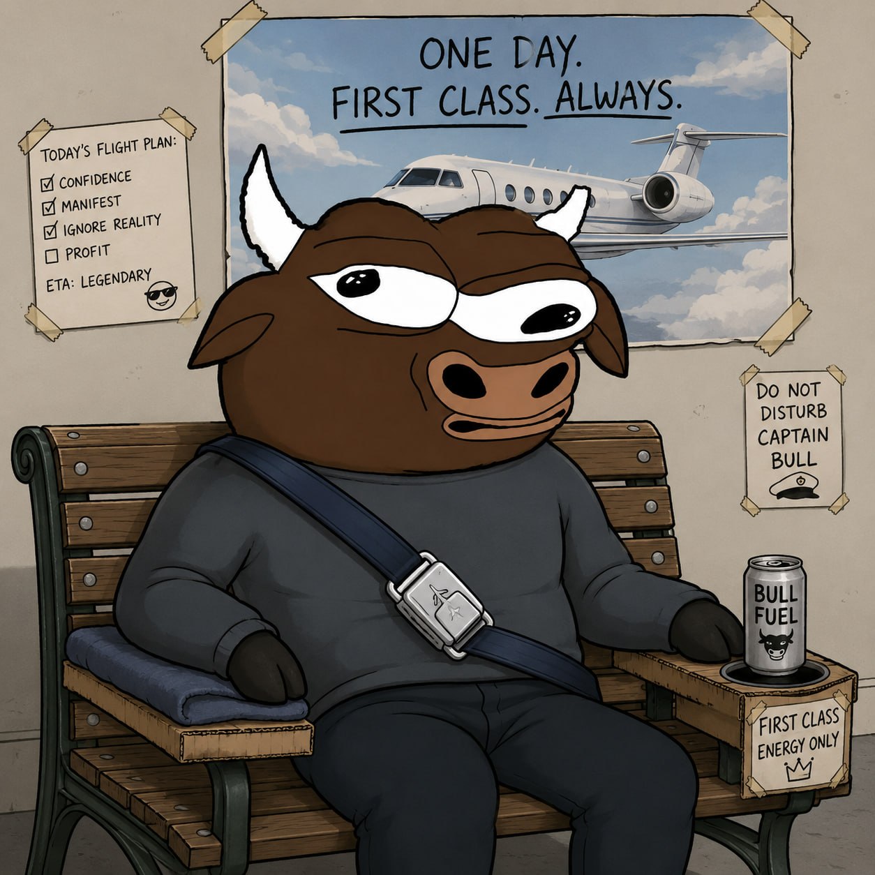 Delusional Bull waiting at the airport — One Day. First Class. Always.