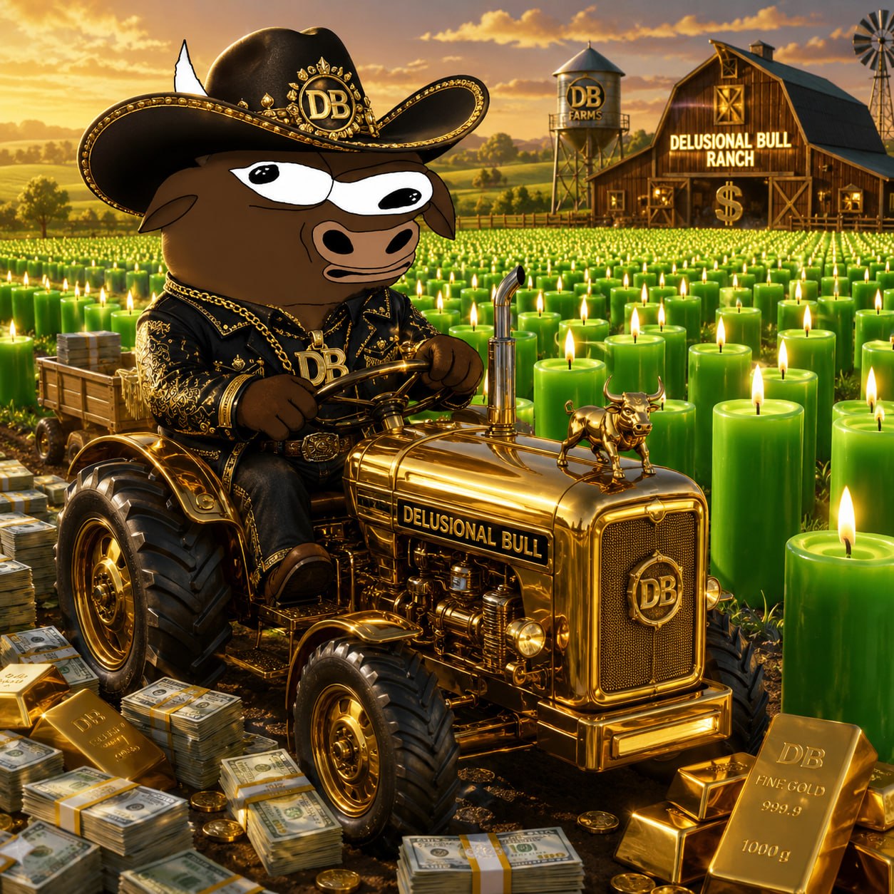 Delusional Bull on a gold tractor at Delusional Bull Ranch farming green candles