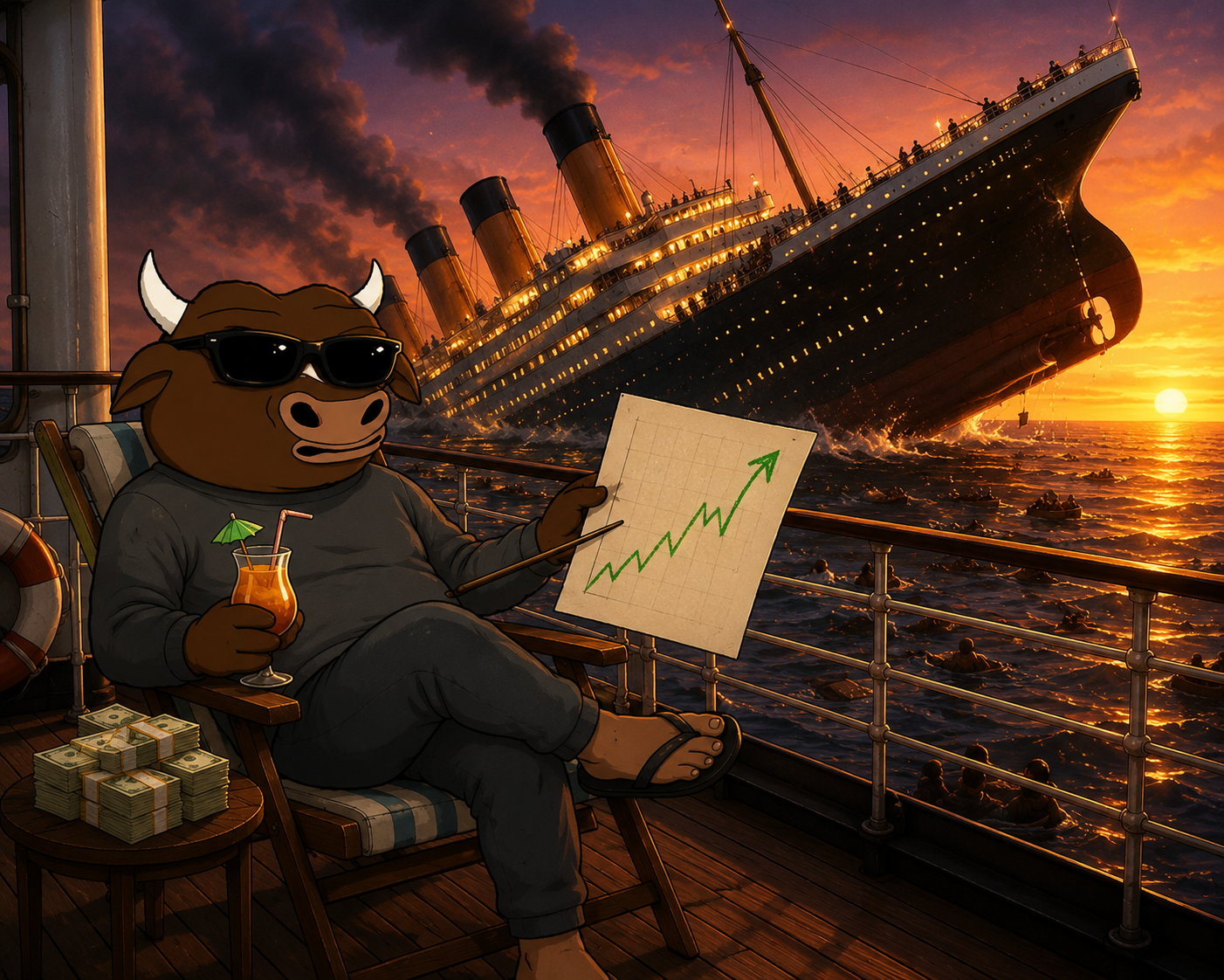 Delusional Bull on the Titanic pointing at green chart